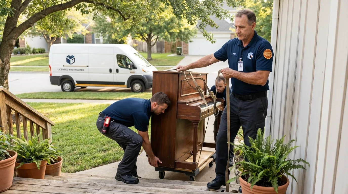 Licensed piano movers securing grand piano in Midland City, AL