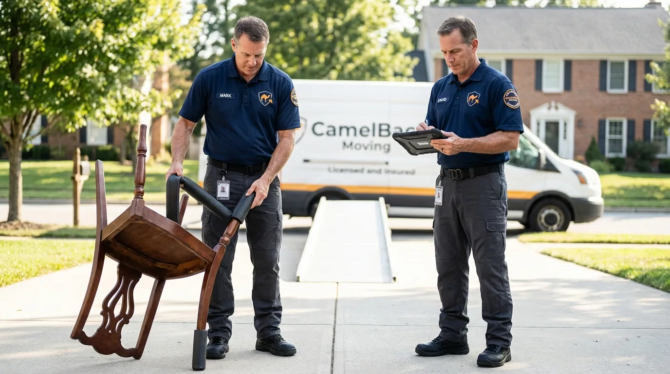 Movers inspecting furniture for damage prevention before loading in Midland City, AL