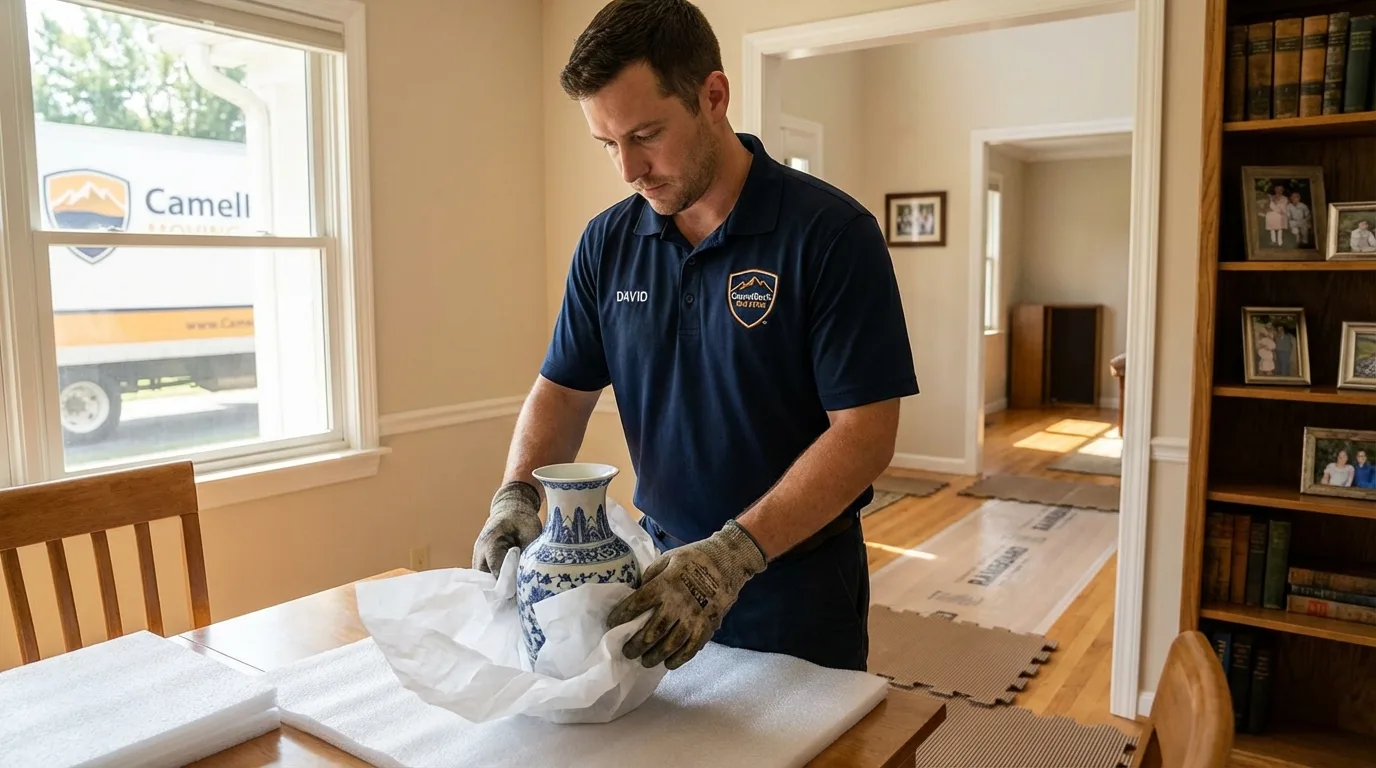 Professional crew carefully wrapping antique vase for senior downsizing move in Midland City, AL